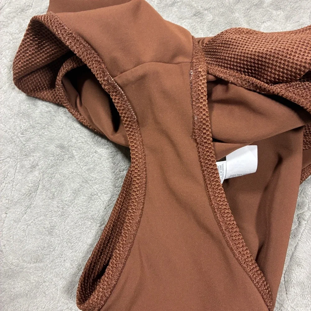 Aerie Brown Textured One Piece Swimsuit Size S Cheeky Scoop Neck Neutral